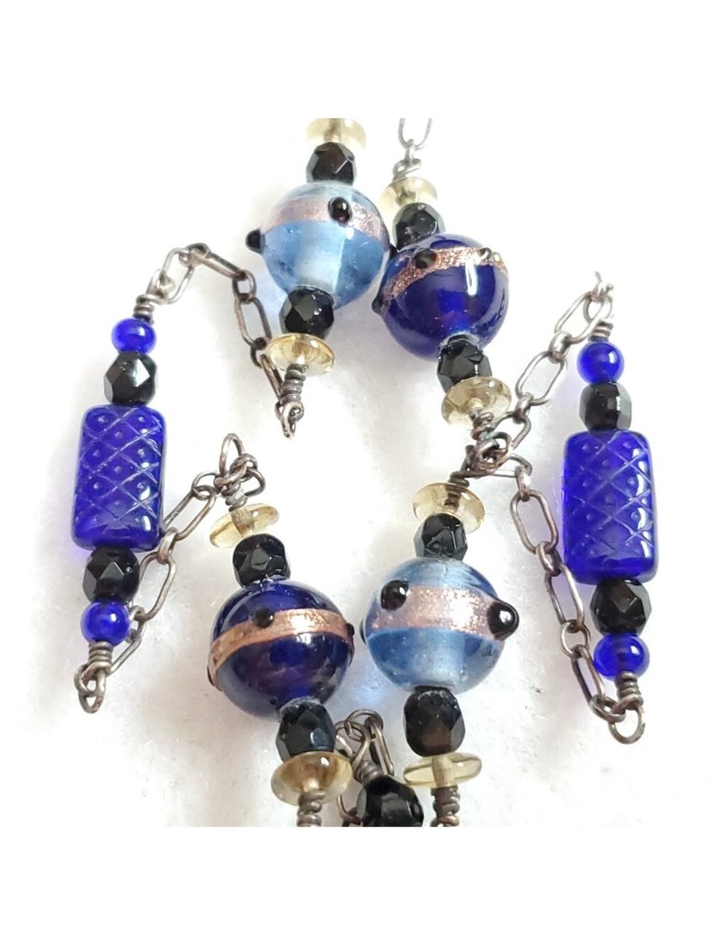 Lampwork Glass Beaded Necklace Sterling Silver Etched Silver Tone Blue 35"